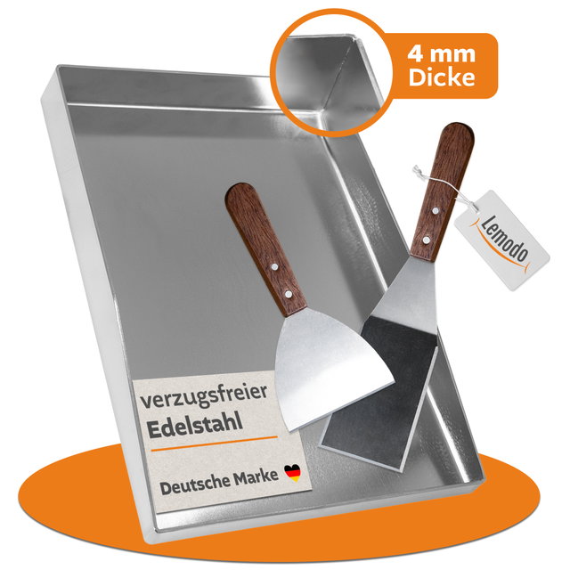 Plancha Grillplatte Edelstahl 4 mm 40x29,5 cm mit Rand & Spachteln Plancha Grillplatte Edelstahl 4 mm 40x29,5 cm mit Rand & Spachteln
